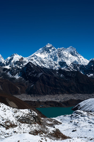 珠穆朗玛峰，Nuptse, Lhotse峰。悟空湖和村庄