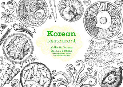 韩国菜菜单餐厅。韩国食物小品菜单。亚洲食物的背景。亚洲食品的海报。套餐:石锅拌饭，泡菜，竹笋，拉面。