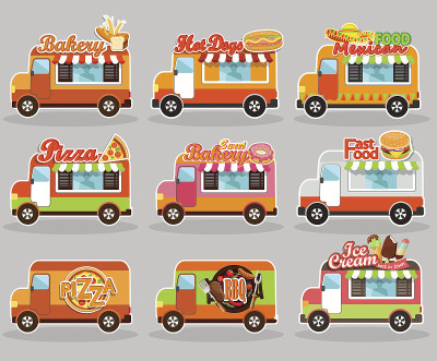 一套矢量插图食品卡车。