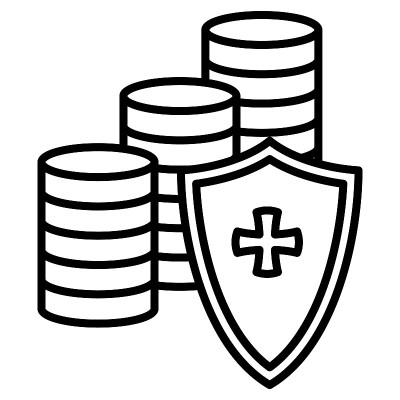 存款保护，钱的安全储存。盾后面的硬币堆。银行金库的可靠性。矢量图标，轮廓，孤立。