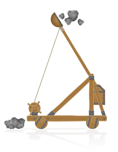 旧木弹弓射击石头矢量插图
