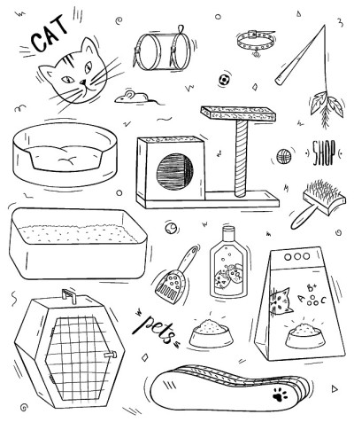 一套猫用的配件。在白色上涂鸦孤立的轮廓物体。