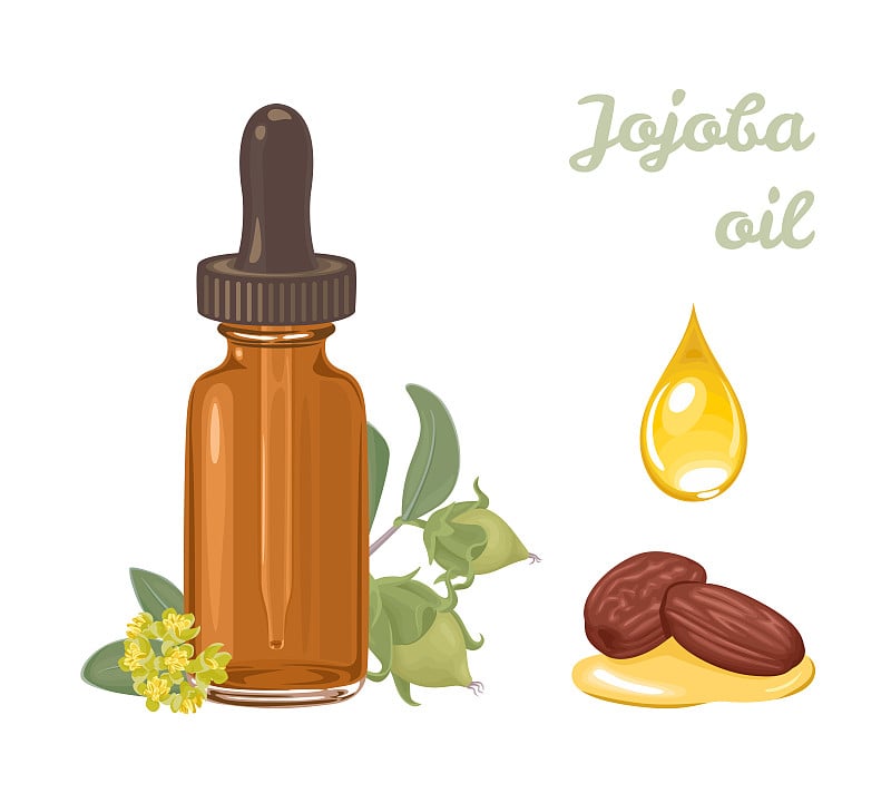 Jojoba oil in amber glass dropper bottle isolated 