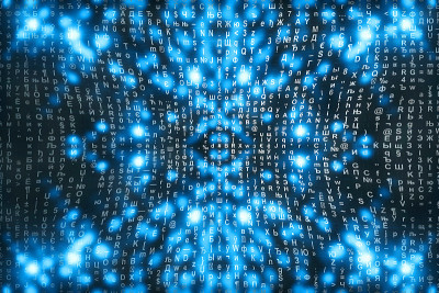 蓝色矩阵数字背景。抽象的网络空间的概念。人物倒了。来自符号流的矩阵。虚拟现实设计。复杂的算法数据黑客