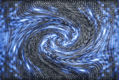蓝色矩阵数字背景。扭曲的网络空间的概念。人物落入虫洞。入侵矩阵。虚拟现实设计。复杂的算法数据黑客。青