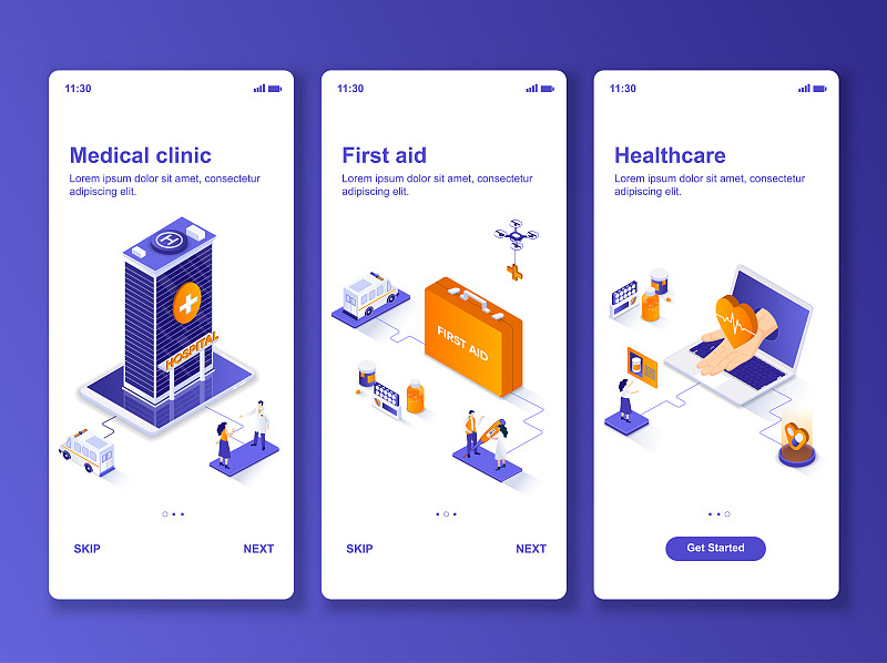 医疗诊所等距GUI设计包。急救和社会医疗模板的移动应用程序。诊断和治疗UI用户体验的登录屏幕