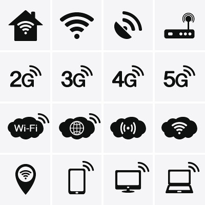 无线和Wifi图标。2G, 3G, 4G和5G