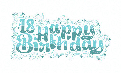 18岁生日快乐的字母，18岁生日美丽的排版设计与水点，线，和树叶。