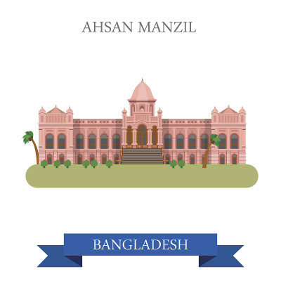 在孟加拉国的Ahsan Manzil宫殿。平面卡通风格的历史景点展示景点网站矢量插图。世界各国城市度