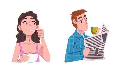 年轻的女人在吃早餐，男人在早上读报纸和喝咖啡，从事日常活动向量集
