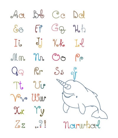 简单的字体与卷发，孩子字母表，字母，单词独角鲸为例
