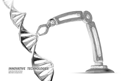 DNA 3D结构编辑医学概念。低多角形三角形基因疗法治疗遗传性疾病。转基因工程CRISPR Cas9