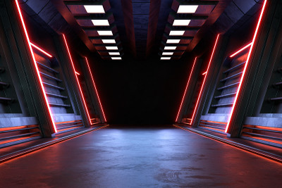 空的黑暗房间，现代未来主义科幻背景。3D插图