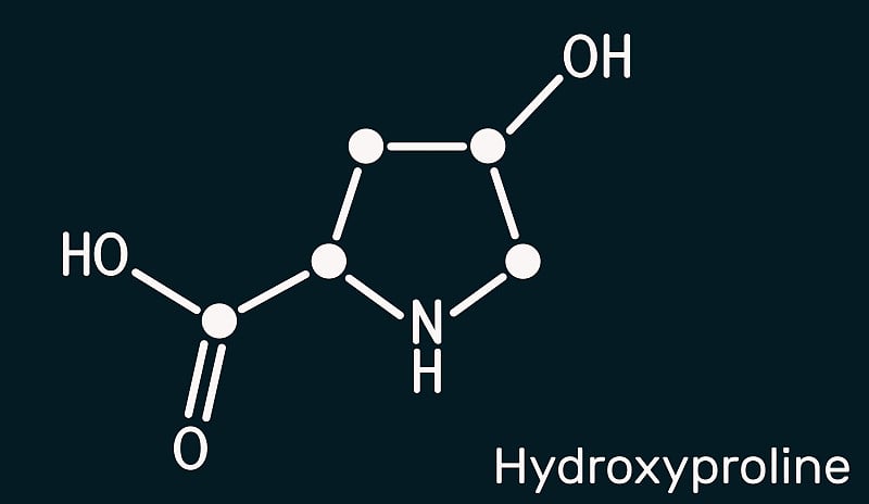 羟脯氨酸，Hyp, C5H9NO3分子。它是一种常见的蛋白质原性氨基酸，是胶原蛋白的主要成分。深蓝色