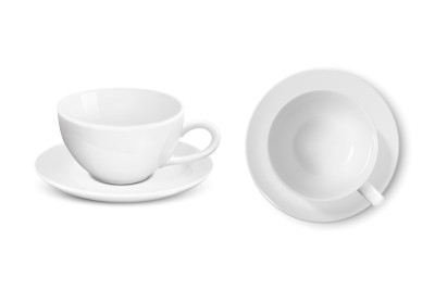 矢量3d现实白瓷空陶瓷杯与碟设置孤立在白色背景。茶，咖啡，卡布奇诺，拿铁杯。矢量插图。设计模板的模型