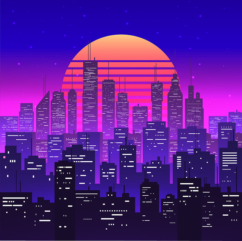 Night city landscape at purple neon retrowave or v