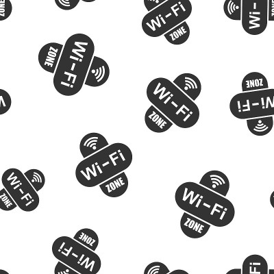 Wifi区标志图标无缝图案背景。Wi-fi无线技术矢量图。网络wi - fi区符号图案。