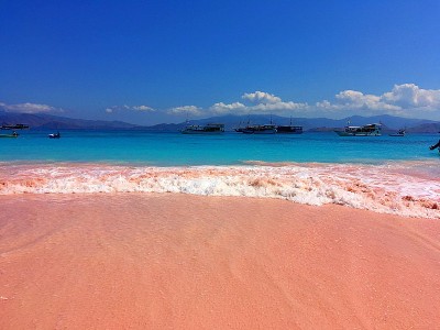 美丽的粉红色海滩和蓝色清澈的水来自科莫多岛(科莫多国家公园)，纳闽巴霍，弗洛雷斯，印度尼西亚