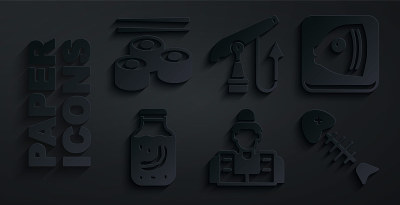 集渔夫，头，海参，骨架，鱼叉和寿司图标。向量