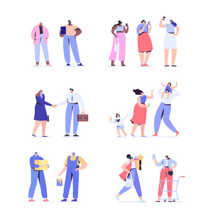 男人和女人装备。年轻人向量集。人群。