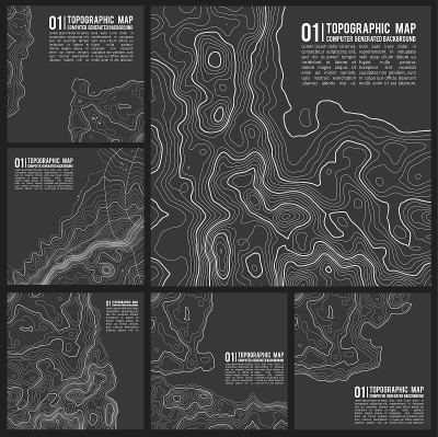 灰色轮廓矢量地形。地理山地地形矢量图。地形纹理模式。地图上的土地矢量地形。高程图形等高线。向量集。