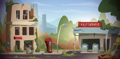 天启的背景。战争摧毁了城市，毁灭了世界末日后的城市废墟。精确矢量卡通概念图