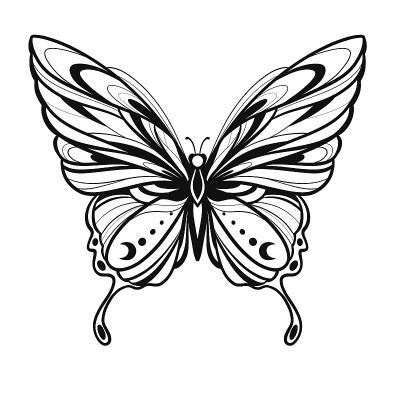 矢量插图与手画蝴蝶与月亮。黑色线性形状。为您设计，纹身或魔术工艺。