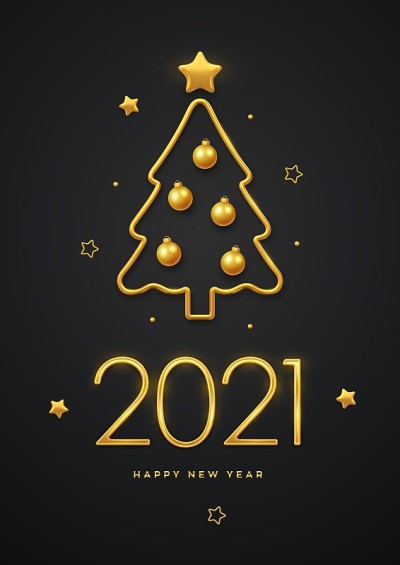 2021年新年快乐。2021年的黄金金属奢侈品有黄金金属圣诞树，金色的球和星星。贺卡、节日海报或节日