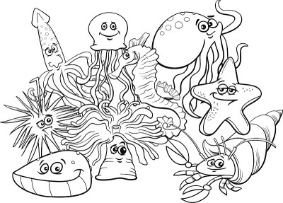 海洋生物组卡通人物涂色书
