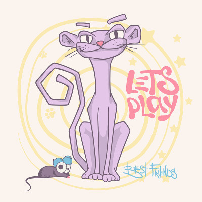 酷酷的猫和老鼠。最好的朋友，手绘矢量插图，t恤印花设计。