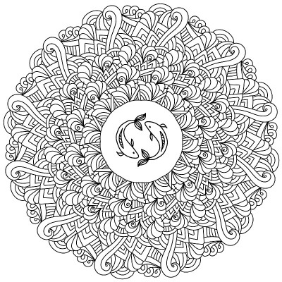 轮廓曼荼罗与三角形，线和卷曲，十二星座双鱼座在禅意模式的框架，抗压力着色页