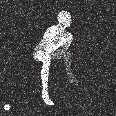 坐着的人。人的三维模型。黑白颗粒点状设计。点画矢量插图。