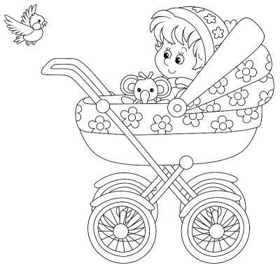 Happy small child in a baby carriage