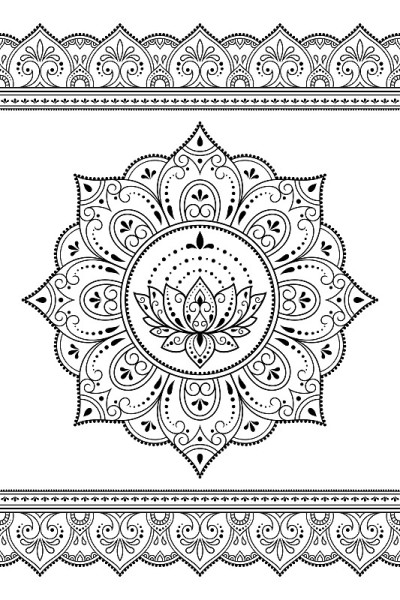 套曼陀罗图案和无缝边界为指甲花绘画和纹身。东方曼赫迪民族装饰，印度风格。黑色和白色的涂鸦装饰。手绘矢
