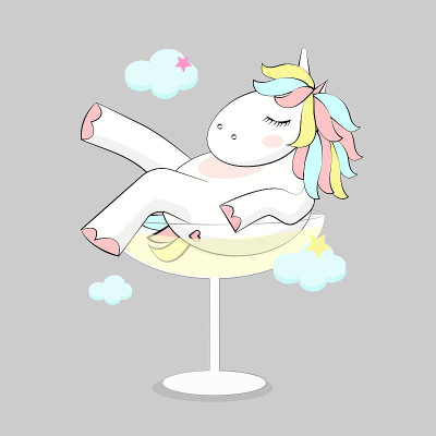 独角兽在一杯香槟矢量插图中放松。