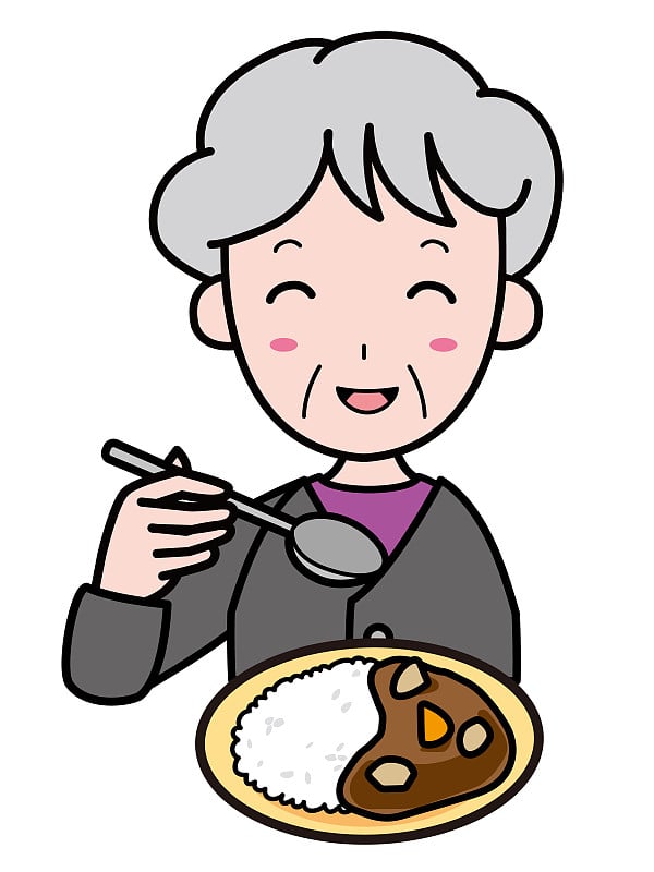 Grandmother eating curry rice with a smile