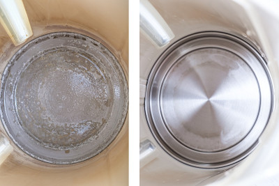 厨房里的旧水壶里有水垢。碳酸钙一种白色的白垩状碳酸钙残留物家用电器维修造成的硬水，清洗水壶前后