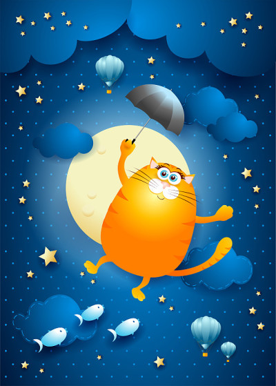 可爱的飞行猫与伞在星空，矢量插图eps10
