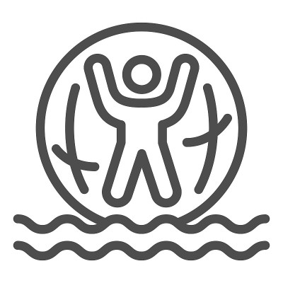 充气球与人在水中线图标，水上公园概念，人在Zorb标志上的白色背景，橡胶Zorb上的波浪图标轮廓风格