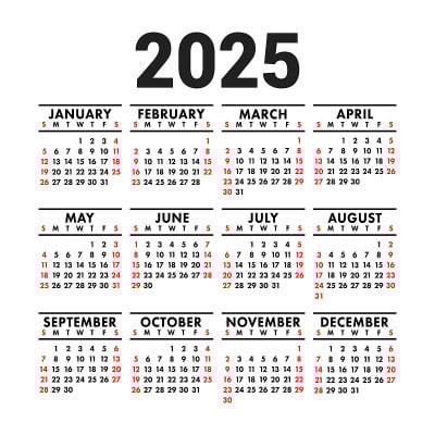 2025年日历。英文矢量方墙或口袋压延机设计模板。新年。一周从周日开始。黑色，红色和白色