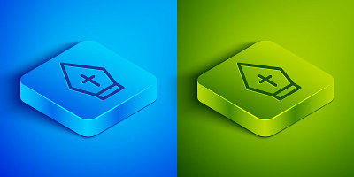 Isometric line Pope hat icon isolated on blue and 