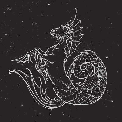 海马体或水怪的神话生物。在夜空背景上的素描。