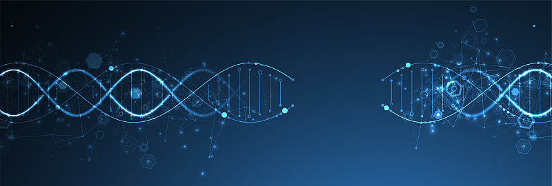 发光的氖DNA链。生物技术、生物化学、科学、医学概念。