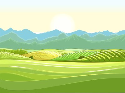 有菜园和田地的草甸山。牧场和草原。农村景观。外地风景，有农用加工用地。农田和农场位置。向量