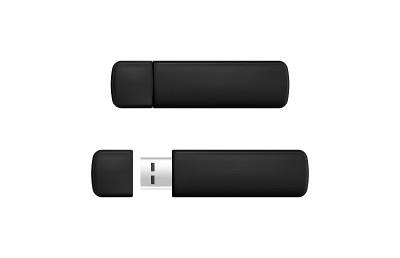 Usb闪存驱动器黑色接近现实记忆便携式设备。矢量插图孤立在白色背景。