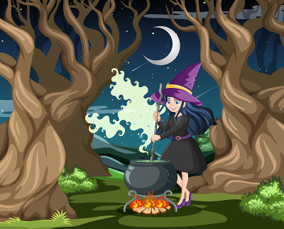 巫师或女巫与魔法锅在黑暗的森林背景