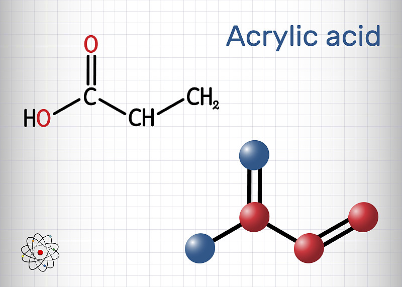 丙烯酸，丙烯酸分子。它是不饱和一元羧酸。结构化学式和分子模型。笼子里的一张纸