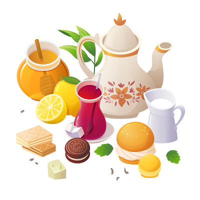下午茶时间。矢量插图与杯子和水壶和补充。
