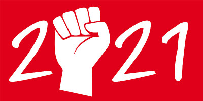 带有社会冲突概念的2021年贺卡，呈现红色背景上举起的拳头的象征。