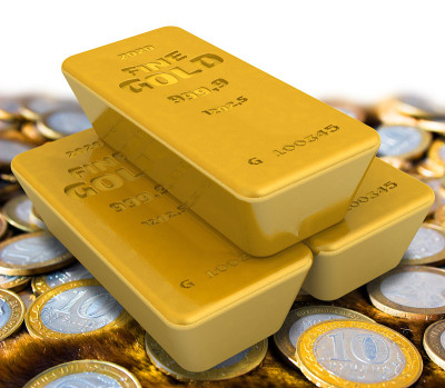 最高标准的金条放在硬币上